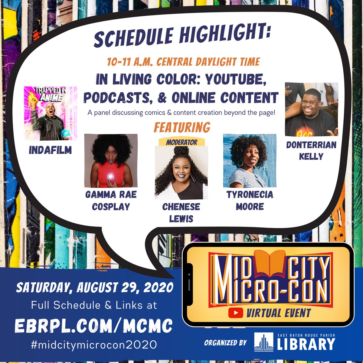 ebrpl's tweet photo. Join us now for a discussion on comics &amp; content creation beyond the page, featuring @INDAFILM (creators of Trapped In Anime), @GammaRaeCosplay,  
@DonterrianKelly (creator of Anime On A Couch), @sassfiend1 &amp; moderator 
@CheneseLewis. https://t.co/VLlTHylVxd #midcitymicrocon2020 https://t.co/xQRV87KHCf