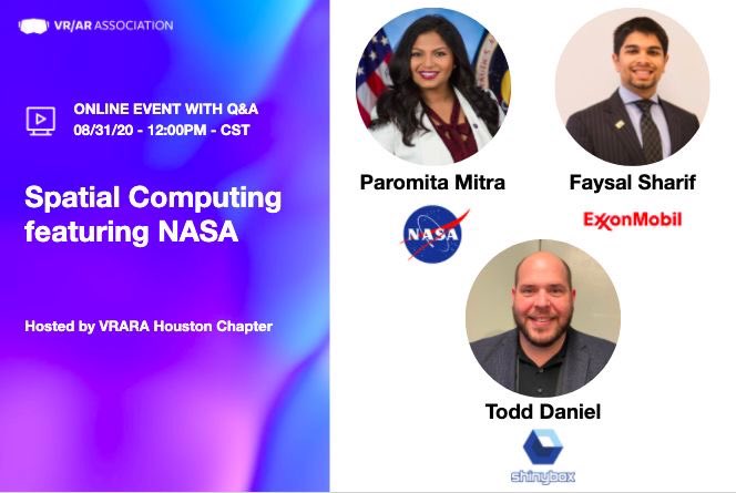 thevrara's tweet photo. This Monday Aug 31st, join our Spatial Computing online event featuring NASA!  Register here https://t.co/GQgVeUOXjj 

#NASA #tech #online https://t.co/nRP94yGqab