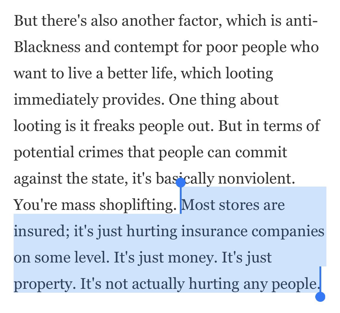 I'm a small business owner. If our store gets destroyed, we go out of business. Insurance doesn't cover damages from riots and looting.If I go out of business, I lose my livelihood. Selling "just property" for "just money" keeps me alive. If that's taken, I'm hurt. Fuck you.