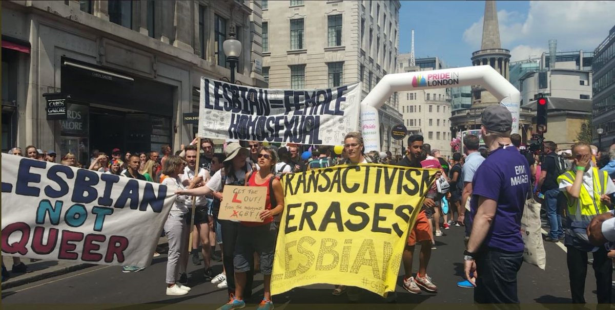 #4: the classic "queer is a slur"TERFs despise the term queer because it is intentionally and explicitly inclusive of ALL queer people, not just cis lesbians. TERFs blocked the 2018 London pride parade until the organizers allowed them to lead. Here are some of their banners.