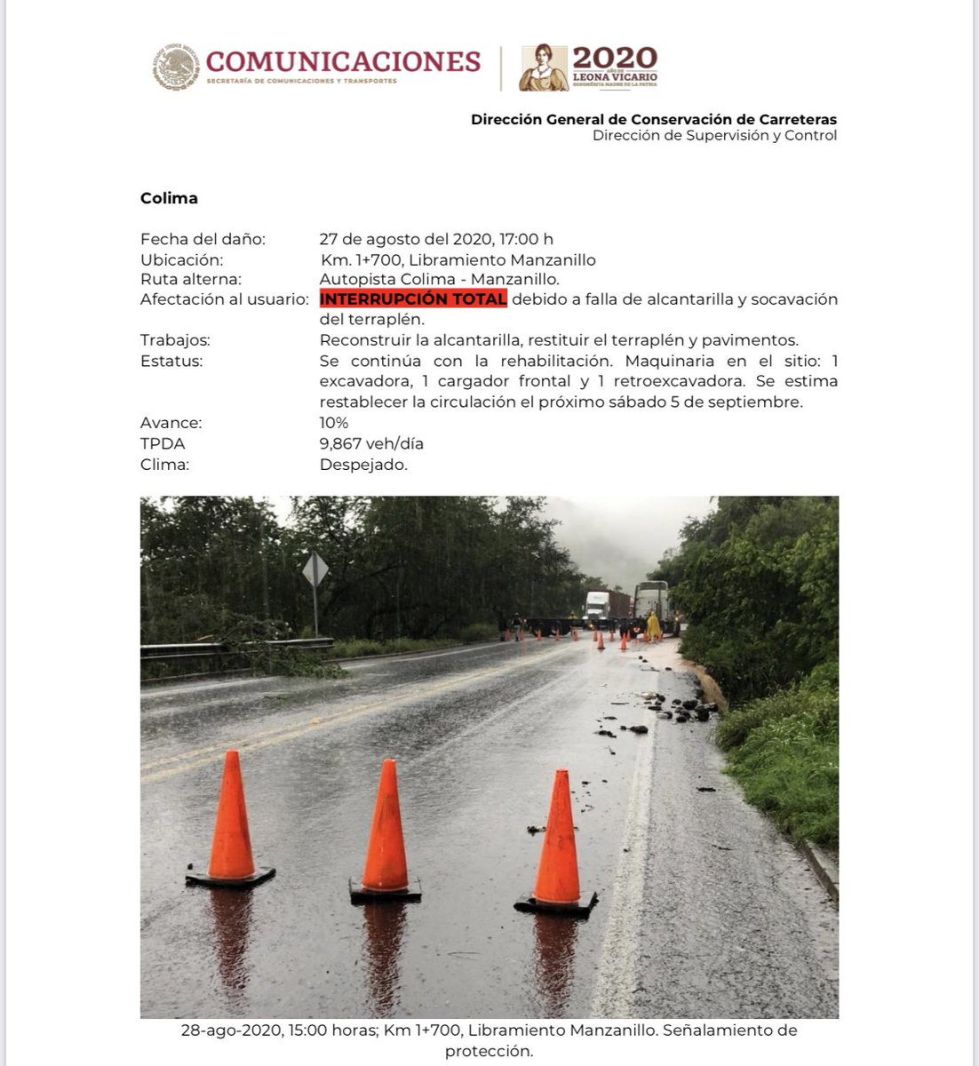 SalvaFdezAyala's tweet photo. #Hernan deja afectaciones en #colima y #jalisco : Libr. Manzanillo y Libr. Melaque respectivamente. Las fuertes corrientes destruyeron alcantarillas interrumpiendo tráfico en ambas vías. Utiliza vías alternas. Brigadas de #ConservarEsPreservar @SCT_mx trabajando.👷‍♂️🚧🚜🚗 https://t.co/dbm0ck3Uj7