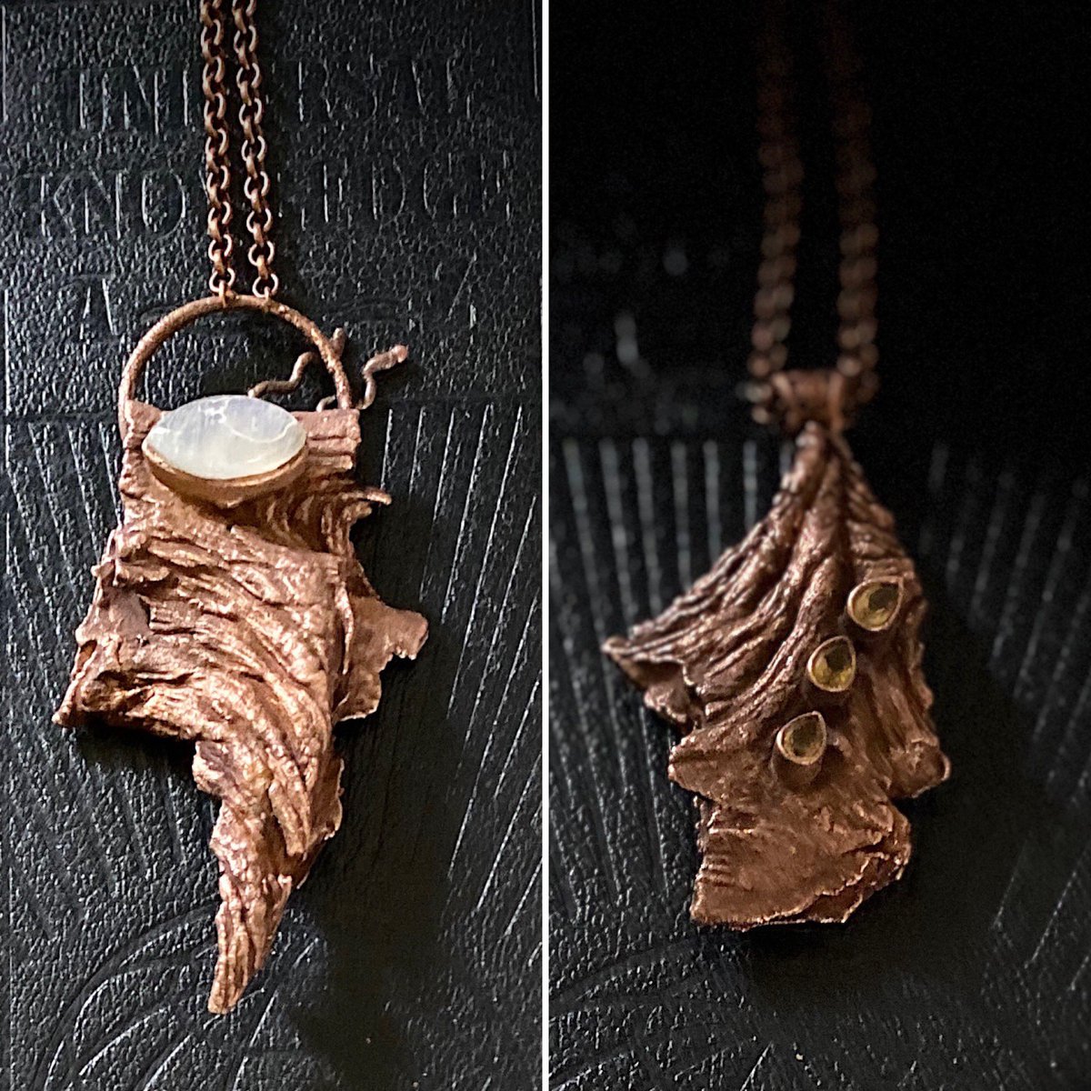 Electroformed Bark Pendants #uniquependants #electroforms #handmadeinnorthumberland #copperplatedbark #electroformingartist #electroformingjewellery #electroformedbarkpendant #electroformedcopper #moonstonependant #citrinependant #treebarkjewellery #oneoffpendant