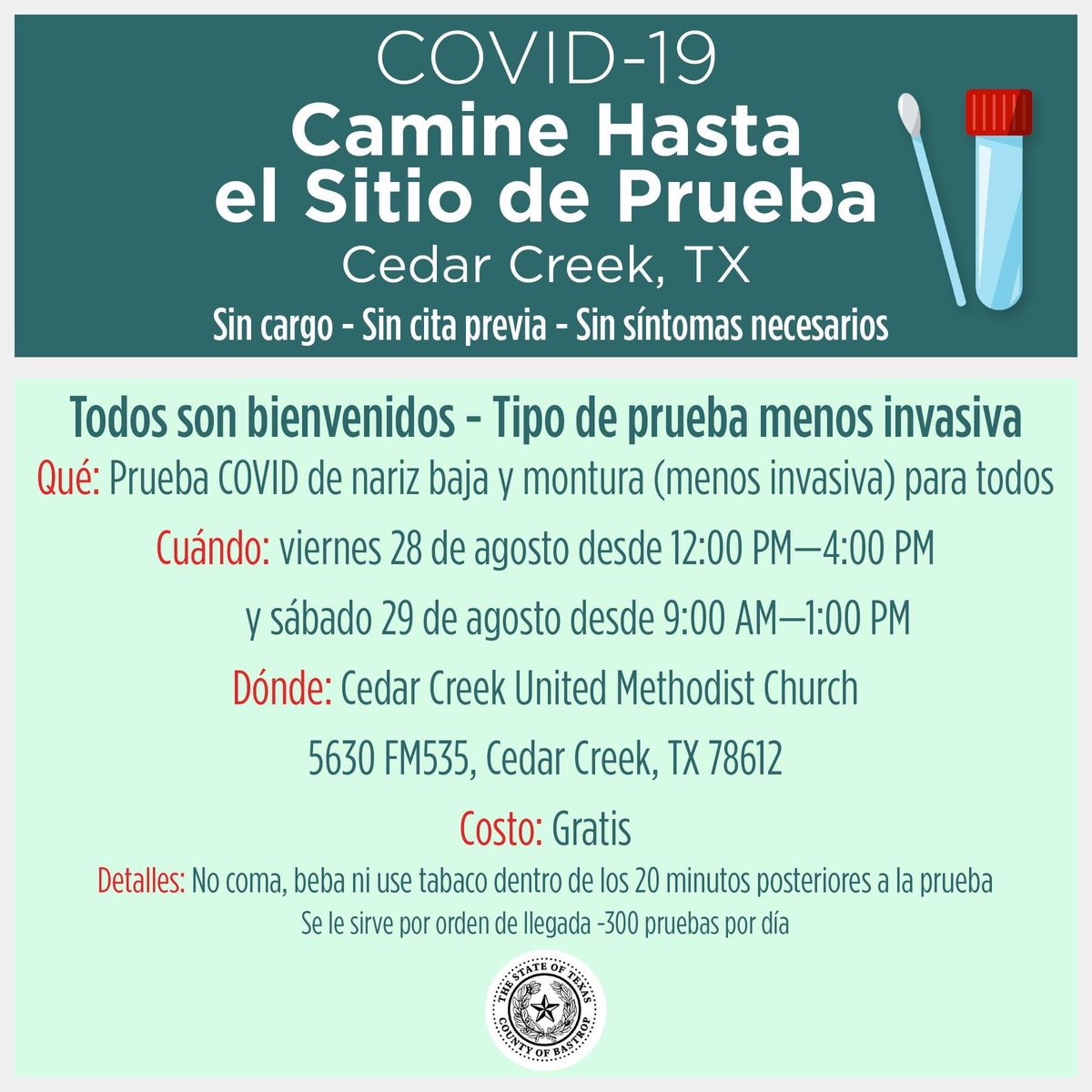 BastropCntyOEM's tweet image. FREE PAINLESS COVID-19 TESTING TODAY 9-1.  No appointment necessary, just walk up. Cedar Creek United Methodist Church.  You swab your mouth yourself.