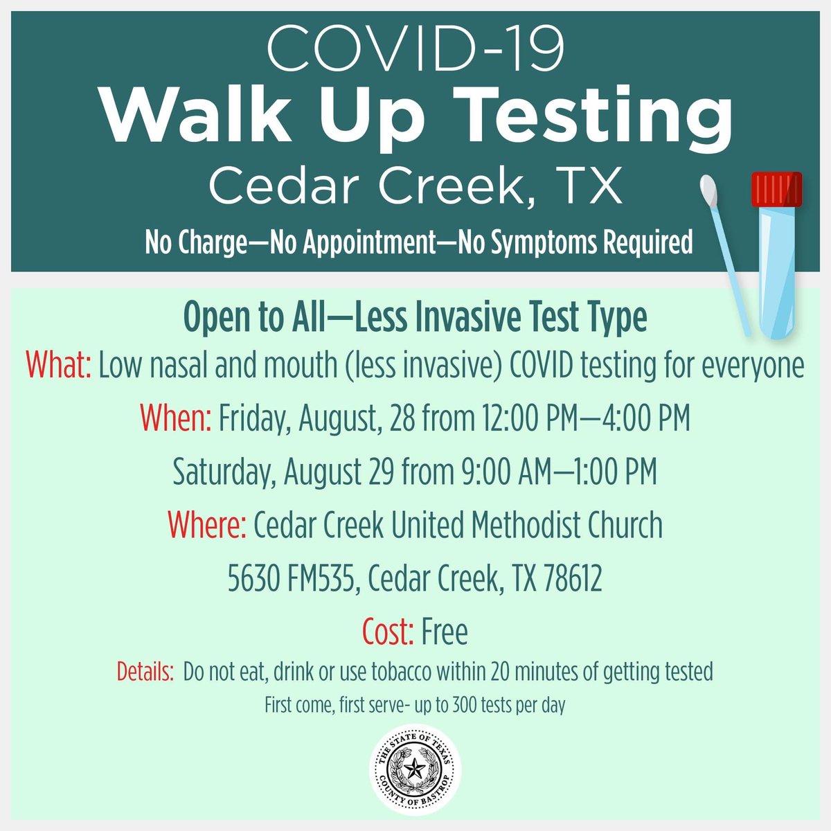 BastropCntyOEM's tweet image. FREE PAINLESS COVID-19 TESTING TODAY 9-1.  No appointment necessary, just walk up. Cedar Creek United Methodist Church.  You swab your mouth yourself.