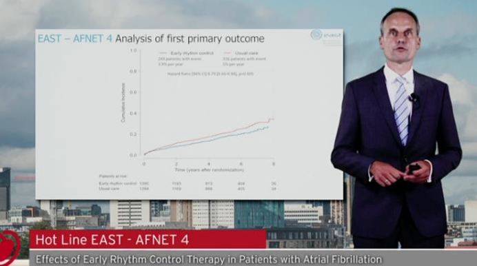 DrAfzalSohaib's tweet photo. The big one - EAST AF NET.  Early rhythm control strategy (drugs +/- ablation) within 1 year of diagnosis of AF improves cardiovascular outcomes including stroke and cardiovascular death! #ESCCongress #EPeeps https://t.co/DLFK7WswPg