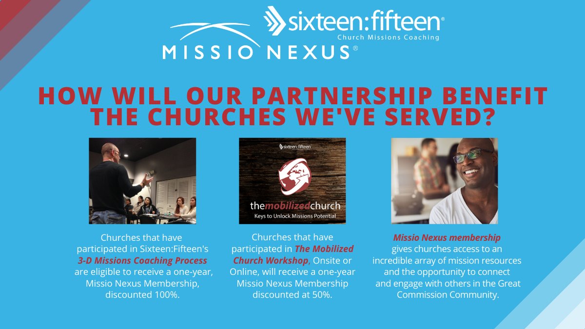 SixteenFifteen's tweet photo. You heard it right.... we've teamed up with @MissioNexus! That means some great benefits for you!
Learn more: https://t.co/VvCPQ4O3NP
#missions #missionsmobilization #churchmobilization #church #pastor #missionspastor #GreatCommission https://t.co/uNqQxFZjMp