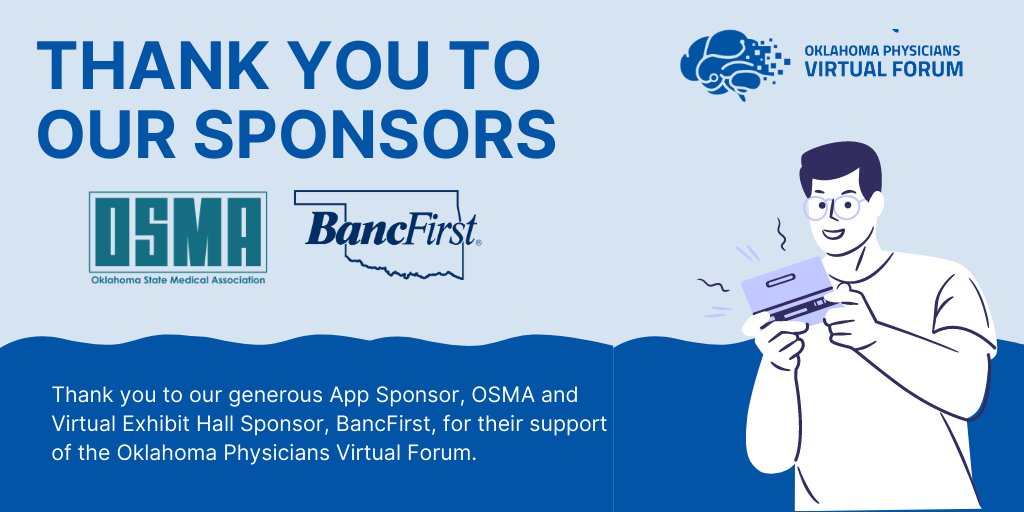 OKFamilyDocs's tweet photo. A huge thank you to our generous sponsors @OKMed and @BancFirstOK . We are excited to welcome over 300+ physicians to the 2020 Oklahoma Physicians Virtual Forum. #okafp #okfamilydoc #okphysiciansvirtualforum #Plico https://t.co/XR2DlaZnsF
