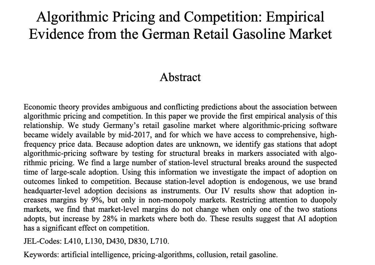 New working paper just came out through  @CESifo (joint w Steph Assad, Rob Clark and Lei Xu). We look at the effects of mass adoption of algorithmic pricing software on competition using data from the gasoline retail market in Germany. Time for a LONG thread!