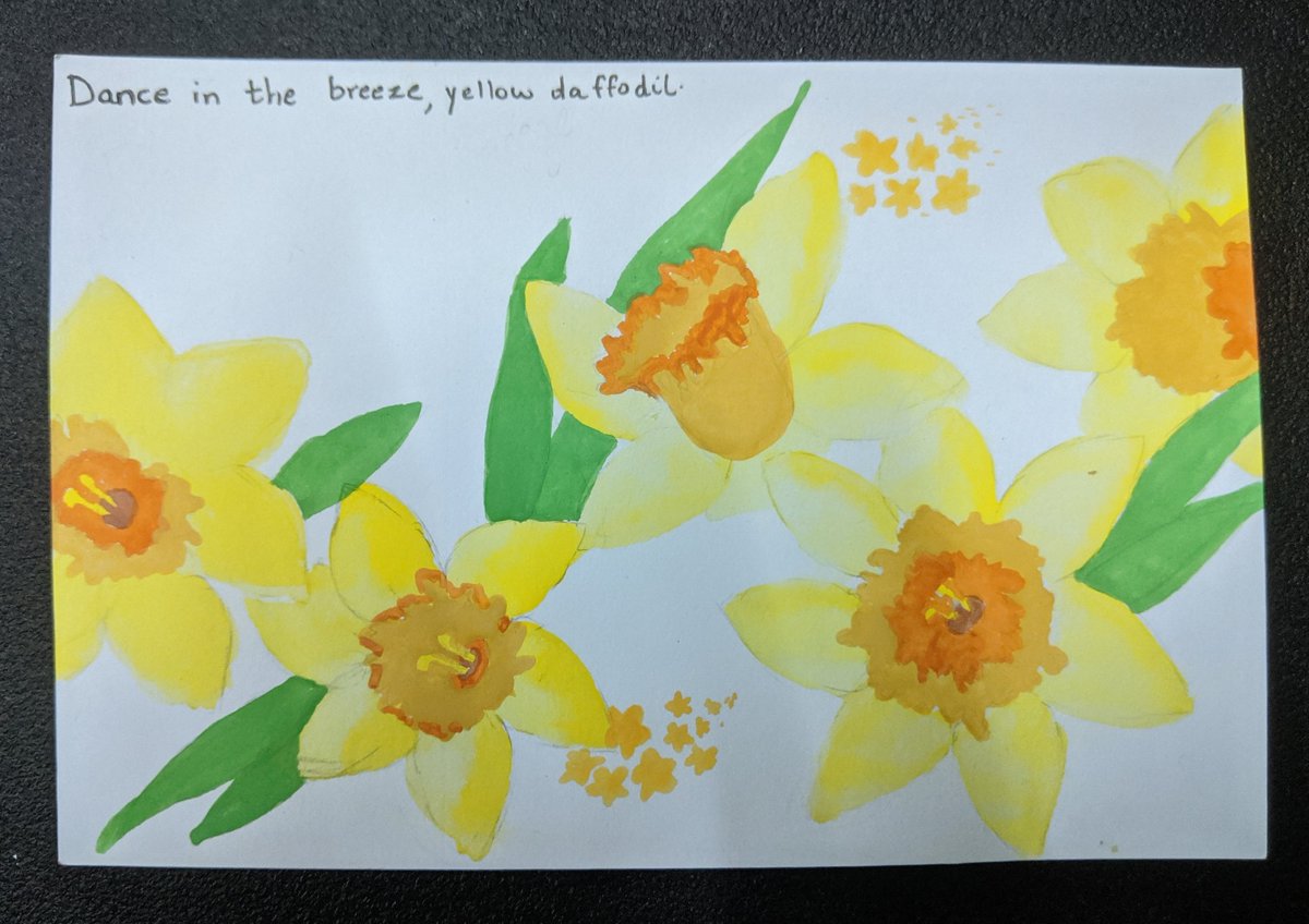 zedchrmsm's tweet photo. @alankruthahaha changed her word, and I rediscovered my love for a certain Wordsworth poem AND found that I like painting flowers.
10 in #WordsForFriends. Yellow. https://t.co/xB3Tf0Emy4
