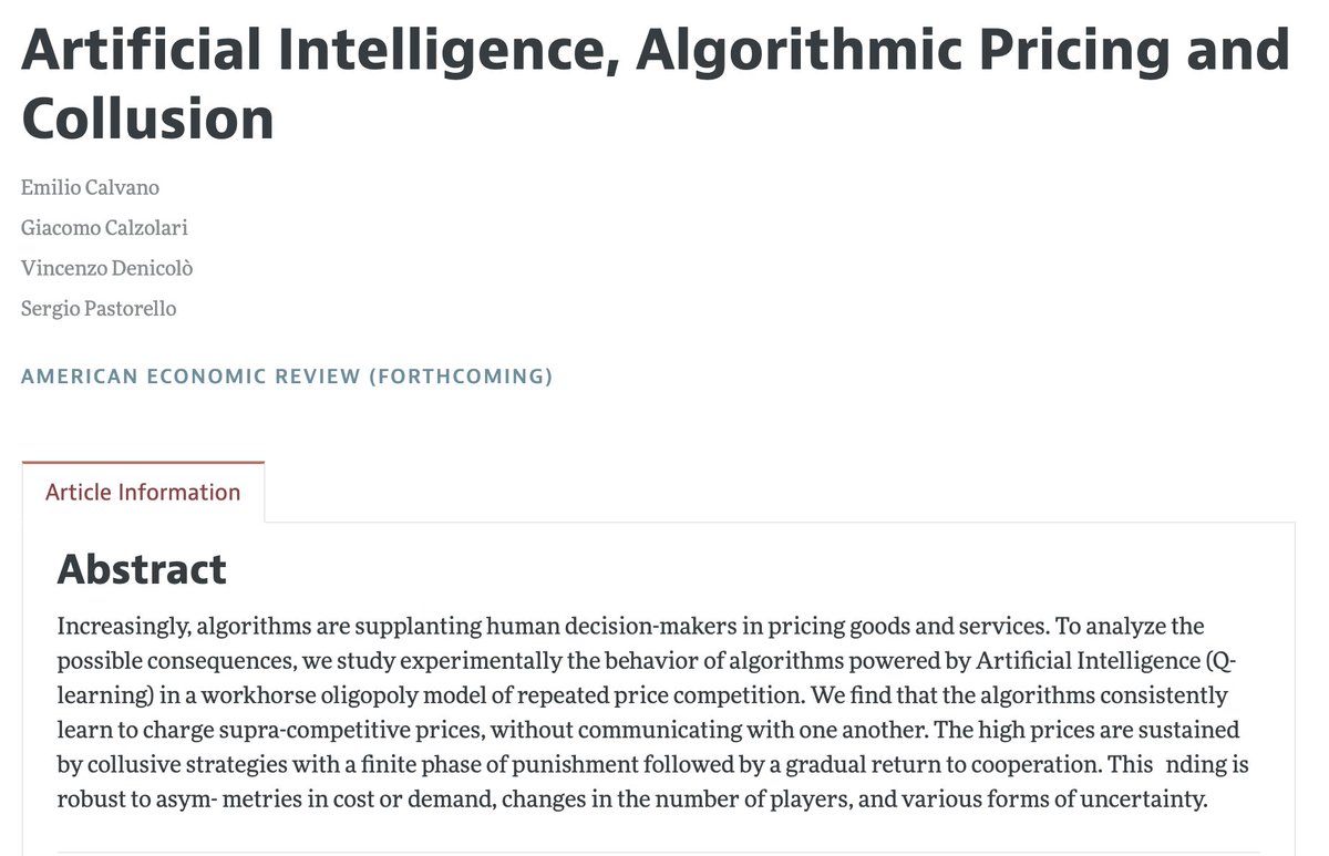 Big recent debate whether price setting algos can tacitly-collude. “No” side claims algos can’t hold subtle off-eqbm beliefs necessary for collusion. But simulations in a forth. AER by  @EmilioC_ show that algos can learn what looks like collusive strategies (also see  @TimoKlein)