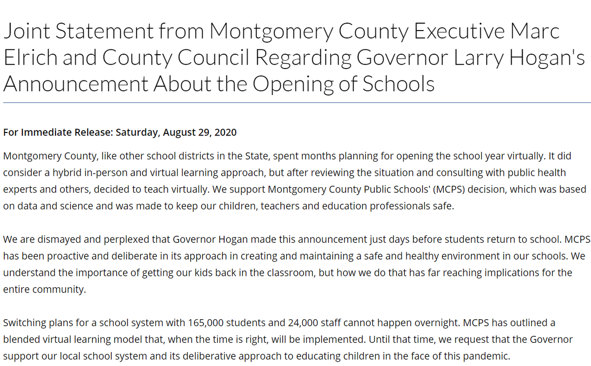 Marc_Elrich's tweet photo. Please read this joint statement from the @MoCoCouncilMD and me regarding Governor Larry Hogan's announcement about the opening of schools ➡ https://t.co/3xg6eQmUmA https://t.co/V76urBSQef