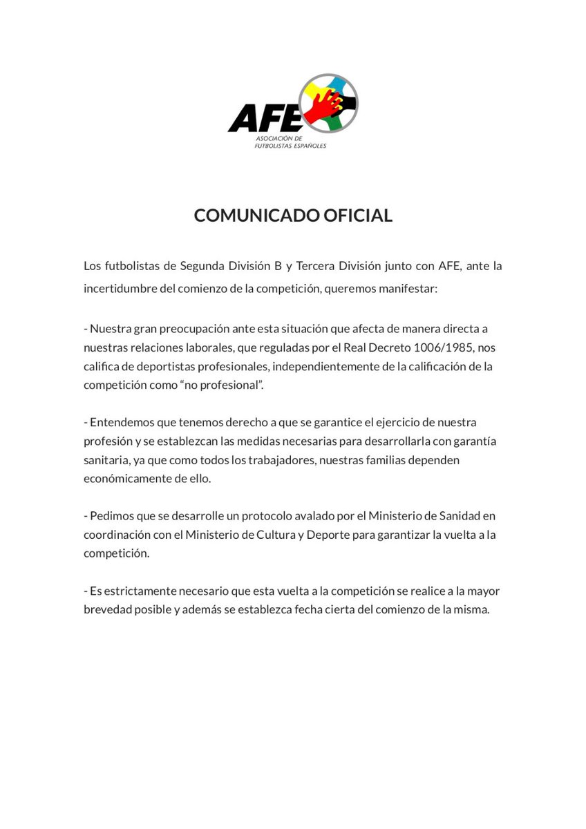 Comunicado oficial de los futbolistas de Segunda B y Tercera División.

➡️ bit.ly/segundab_terce…

#YoTambiénSoyProfesional
#WePlayPro