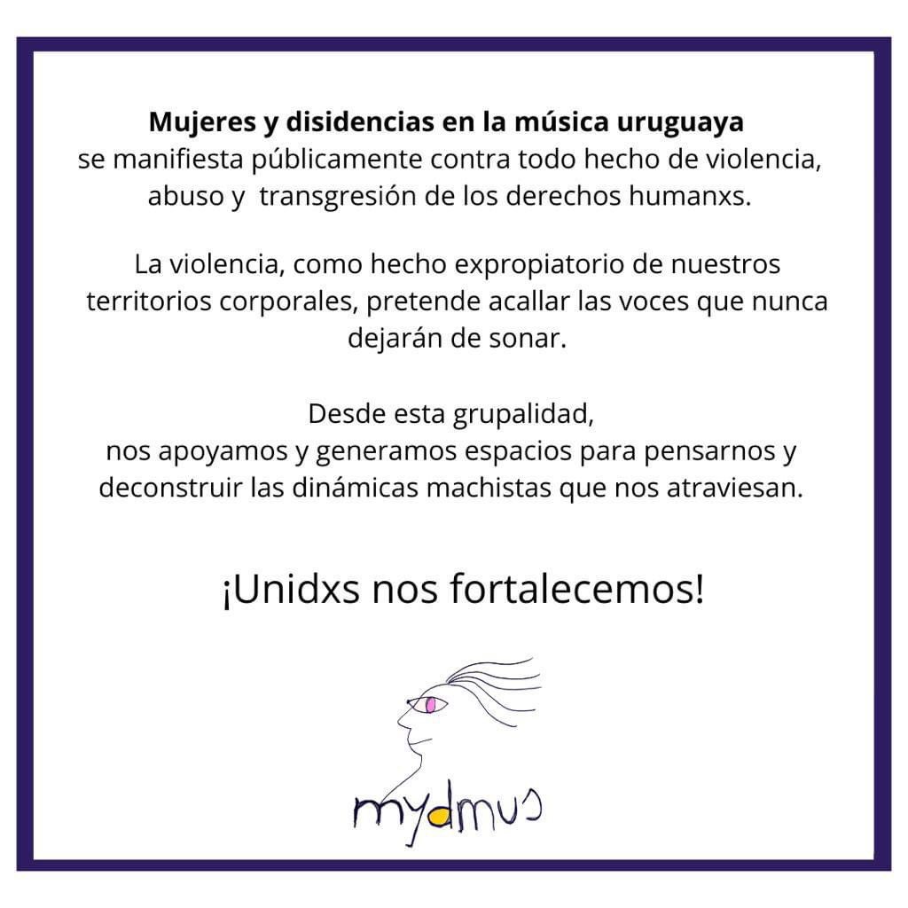 Mujeres y Disidencias en la Música Uruguaya (@mydmus) on Twitter photo Junt@s contra todo tipo de violencia 
Mujeres y Disidencias en la Música Uruguaya!✊🏽💜
Te proponemos que compartas AHORA nuestra declaración ✊🏽💜 #mydmusuy #mydmus #mujeresydisidenciasenlamusicauruguaya #mujeresydisidencias #mujeresydisidenciasenuruguay #musicauruguaya Junt@s contra todo tipo de violencia 
Mujeres y Disidencias en la Música Uruguaya!✊🏽💜
Te proponemos que compartas AHORA nuestra declaración ✊🏽💜 #mydmusuy #mydmus #mujeresydisidenciasenlamusicauruguaya #mujeresydisidencias #mujeresydisidenciasenuruguay #musicauruguaya