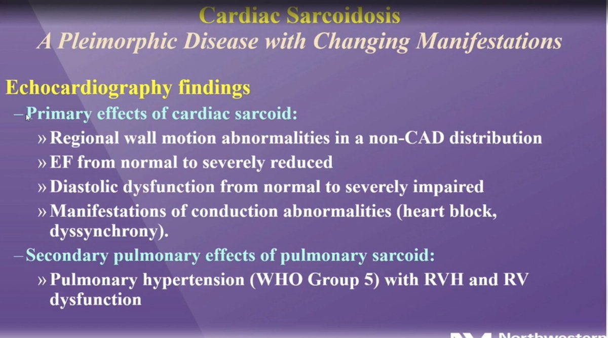 hvanspall's tweet image. #ESCCongress #MultimodalityImaging in #CardiacSarcoid presented by James Thomas @NMCardioVasc.
Case of a young man presenting with narrow complex tachycardia (ventricular origin). Had wall motion abn’s in nonvascular distribution on Echo, normal coronaries.
Teaching points👇🏼1/2