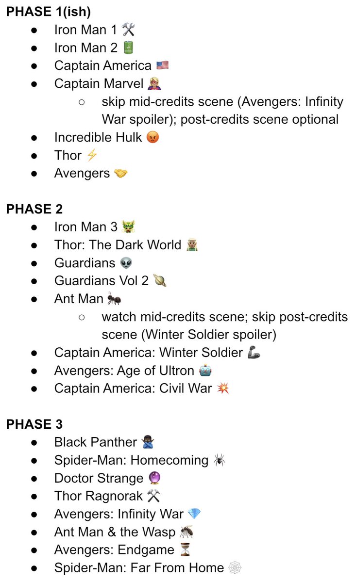 Already watched Black Panther last night, and decided to just rewatch the entire MCU now. Below is the order  @NattyfBabyy  @stephb0814 and I came up with. Gonna live tweet the entire thing and thread it here. Feel free to unfollow me now lol.