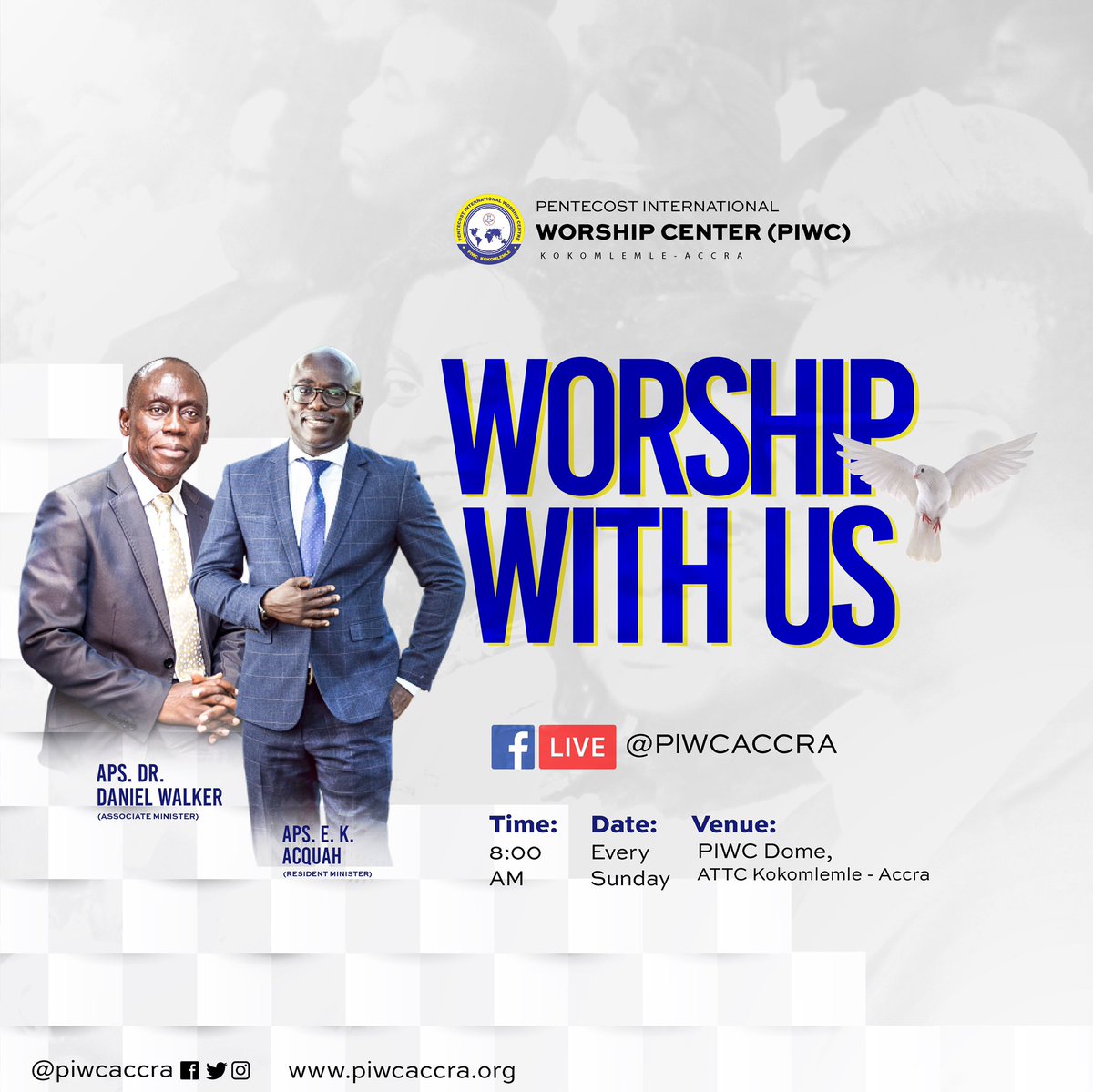 piwcaccra's tweet photo. Hello Family!
Do join us if you can tomorrow morning for service at the #PiwcDome ATTC- Kokomlemle.

NB: All protocols shall be strictly adhered to.

Service will also be streamed live on Facebook and YouTube.
God bless you! https://t.co/fdz43rY7zq