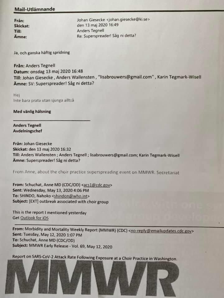 saveswedencov19's tweet photo. May 13: Tegnell &amp; Giesecke discusses Covid19 being spread in choirs. T: 'not just via talk but also singing' G replies: 'yes, a pretty intense spread.' This shows they are well aware that it can be spread in the air via aerosol. Yet still clinging on to only via droplets theory! https://t.co/GONxJ7FAe3