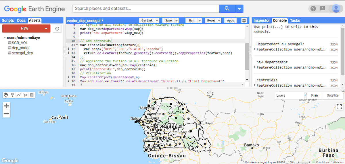 papitau's tweet photo. I play today with vector data in @googleearth . Let's generate centroids over different departments of Senegal.
#satEE @EarthEngineBot #earthengine #GIS ๐
https://t.co/dxbkDaB3ek https://t.co/Vwpn1pZf8W