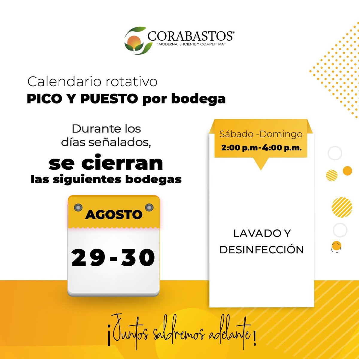 CorabastosSA's tweet photo. #CORABASTOSInforma 

🗣️Recuerda que Corabastos cerrará sus puertas hoy  sábado 29 de agosto  a las 4:00 p.m., para  realizar una jornada de lavado, limpieza y desinfección. 🚿🧴🧽. 

La Central retomará actividades este domingo a las 4:00 p.m.🍐🍒🍅🥑 https://t.co/j9hzPh4NZ6