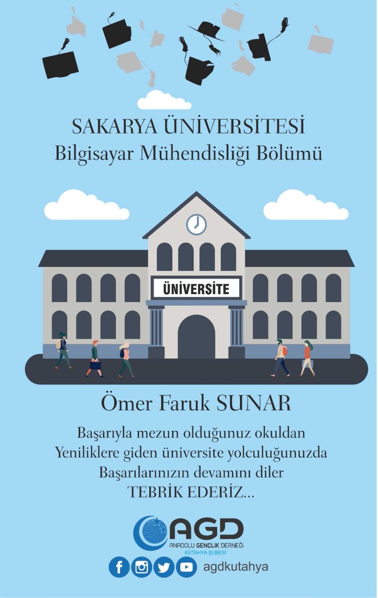 Liseler Komisyonumuzdan, Üniversiteye yerleşen tüm kardeşlerimizi tebrik ederiz.

Üniversitene Hoşgeldin.
#TercihimAGD