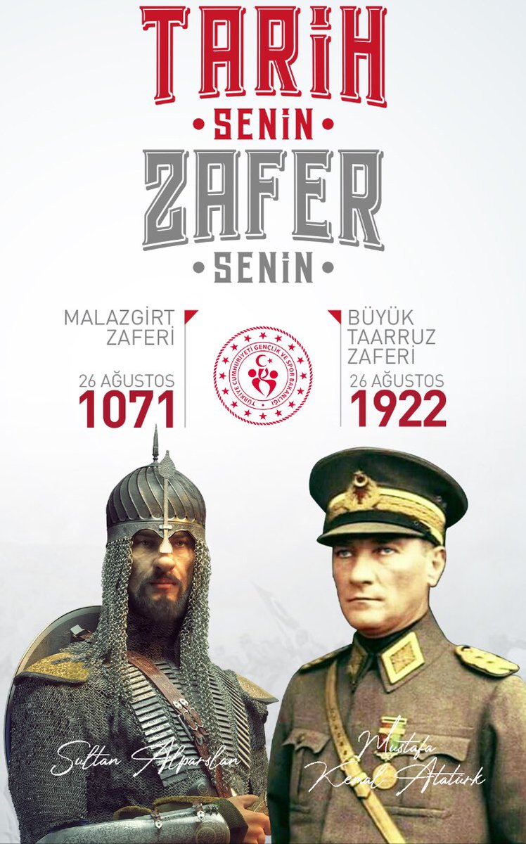 Bir yanımız Malazgirt... Bir yanımız 30 Ağustos...

Malazgirt kapının aralanmasıdır... 30 Ağustos kapının sonuna kadar açılmasıdır...

#TarihSeninZaferSenin 
<a href="/kasapoglu/">Dr. Mehmet Kasapoğlu</a> <a href="/gencliksporbak/">Gençlik ve Spor Bakanlığı 🇹🇷</a>