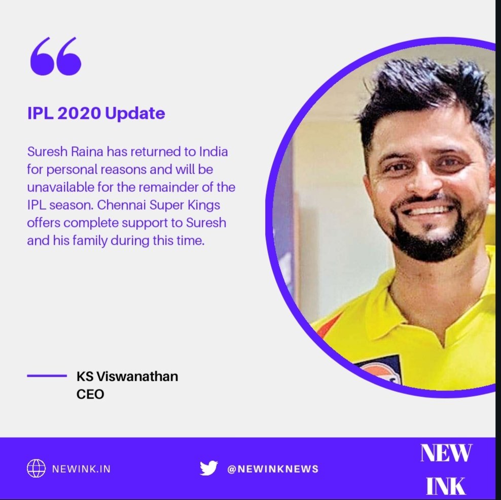 newinknews's tweet image. चेन्नई सुपरकिंग्स को लगा बड़ा झटका, आईपीएल नहीं खेलेंगे सुरेश रैना

#SureshRaina 
#IPL2020 
#Sureshraina3 
#ChennaiSuperKings
