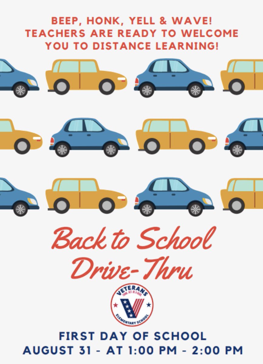 cvesd_Veterans's tweet photo. Beep, Honk, Yell &amp; Wave! Your teachers are ready to welcome you to distance learning! Join us for our Back to School Drive-Thru / Monday-8/31 at 1-2 PM. Swipe left for details! https://t.co/vGWNE6C0ee