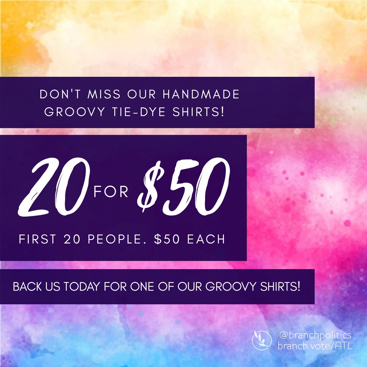 branchpolitics's tweet photo. [ A tie-dye Branch tshirt? Ummm, yes ]
Be one of the 20 people to get one of our special tie-dye t-shirts! 

https://t.co/YWQSagcYFr

#gapol #startupnews #kickstarter #crowdfunding @kickstarter https://t.co/LrFtl2j5zz