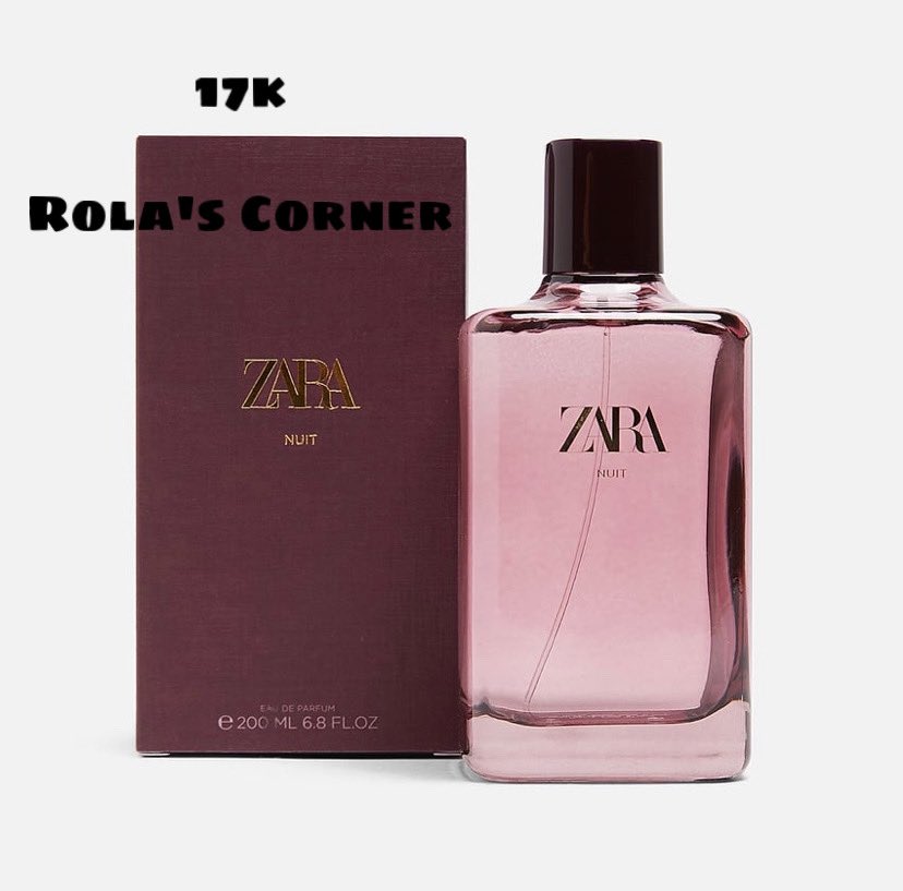 Zara Nuit EDP This perfume has a mix of spicy, floral and fruity fragrances! It’s elegant. Remember our tag line is “Bare Elegance”. We don’t want you to be anything short of that! Switch up the moment when you walk in. Price- 17k (200ml)