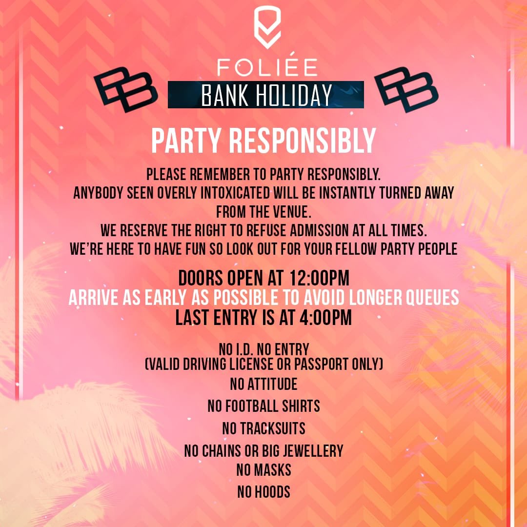 Some important info ahead of tomorrow’s show... If you’re coming please read carefully!

Foliée - Open Air Social Distance Party Bank Holiday [SOLD OUT] 🔥🔥🔥