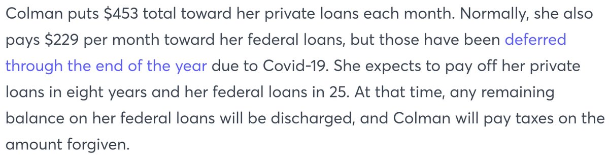 No mention of how much she is putting into an investing account to save up for the tax bomb she will have in 25 years, so presumably nothing. If she thinks owing $200K to the Department of Education is uncomfortable, wait until she owes that much to the IRS.