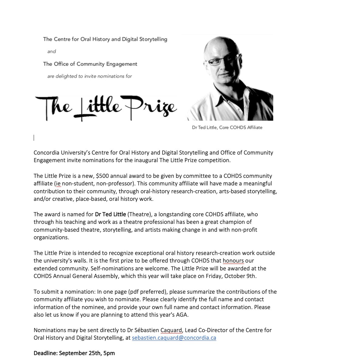 📯📯 Appel à nominations | Call for nominations

Le prix Little est un prix annuel d’une valeur de $500 décerné par un comité à un.e affilié.e communautaire (ni étudient.e, ni professeur.e). Self-nominations are welcome. The deadline is Friday, September 25th.