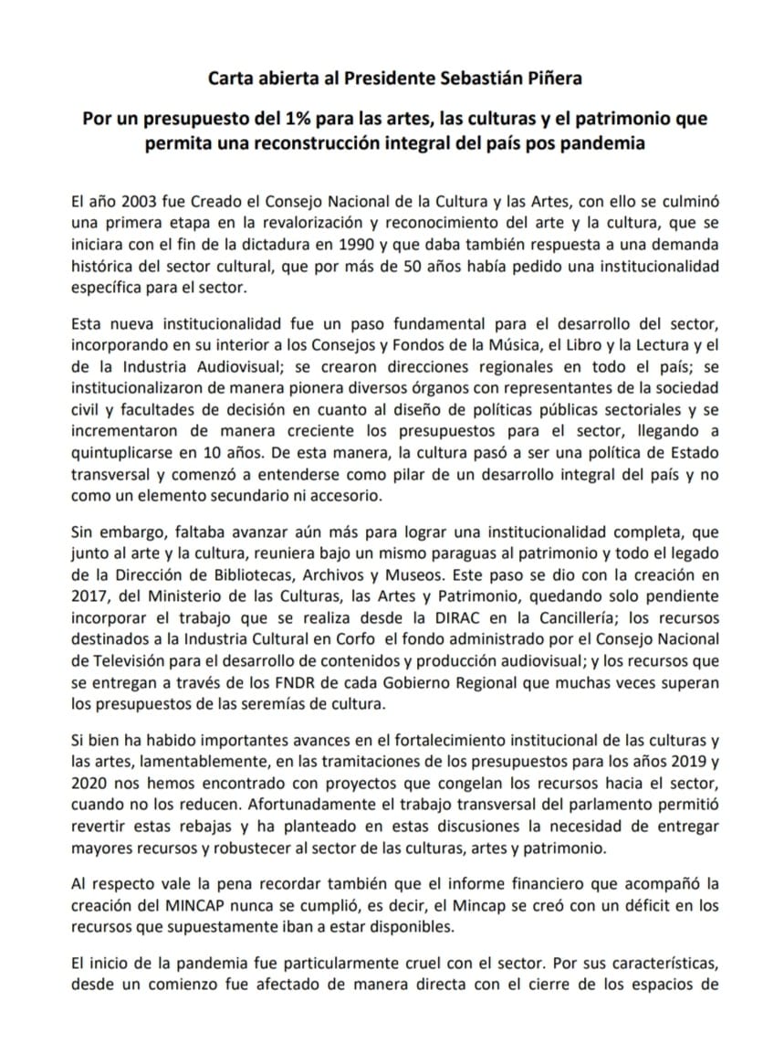 CCultura_cs's tweet photo. Compartimos carta abierta a @sebastianpinera por un presupuesto del 1% para las culturas, las artes y el patrimonio, en donde nuestra bancada @la_convergencia adhiere ✊

#1xCientoParaCultura
#NoMasRecortesEnCultura
#NoRecortesFondos2021 https://t.co/bqkXHFmMdH