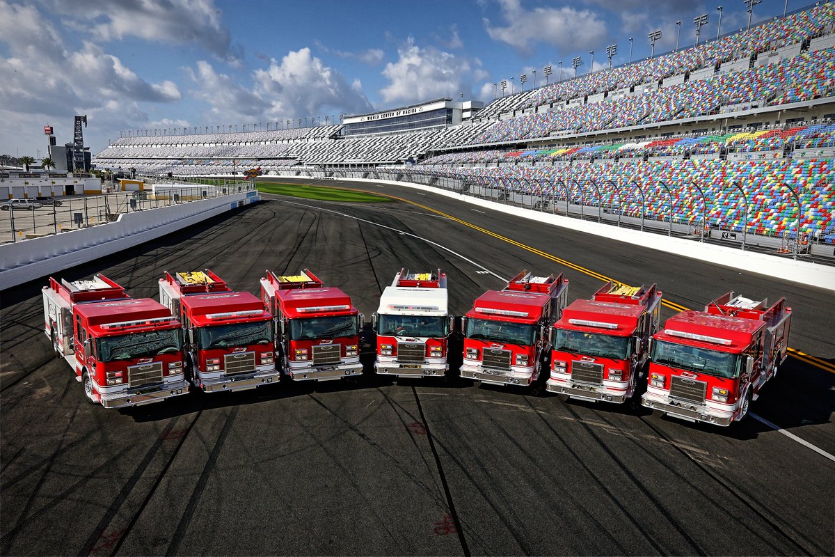DAYTONA's tweet image. Did you know: Each @NASCAR race at DAYTONA has seven fire trucks on property, with two of them being at track year-round? 

Thanks to Pierce Manufacturing, the official fire truck of Daytona International Speedway.