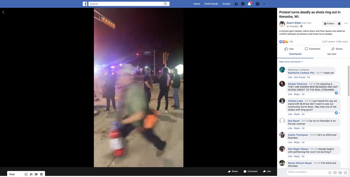 At about 11:46 p.m.,  @KoerriElijah captures Rittenhouse running by the gas station with a fire extinguisher in the direction of a different car dealership ( https://www.facebook.com/watch/live/?v=3497957983549807, timecode 0:55:22), where vehicles are being damaged and set on fire.