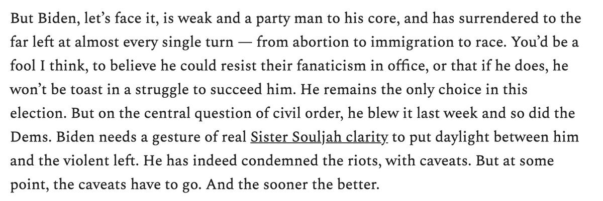 Non-trolling question for the people saying Biden needs "a Sister Souljah moment" - who would this be? Who's a cultural figure with enough cachet that Biden could disagree with them and satisfy Bill Maher et al? He keeps condemning looting and for some reason that doesn't count.