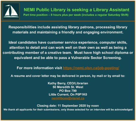 NemiLibrary's tweet image. NEMI Library is hiring!  
If you have difficulty viewing the job posting, please visit or contact the library.
nemi.olsn.ca/job-posting