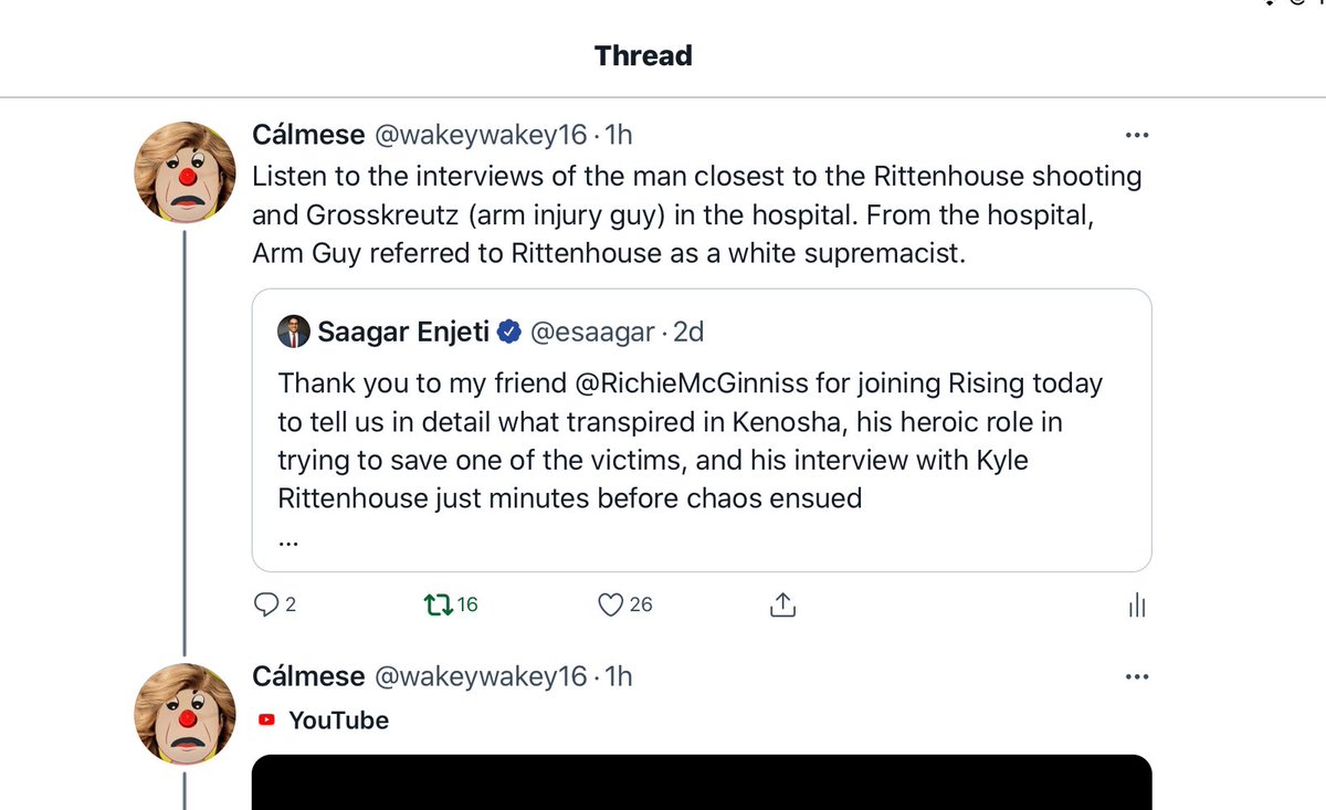 I deleted the first tweet in my first thread because it wasn’t the arm guy (Grosskreutz) who said Kyle R. was a white supremacist, it was *a friend of his*. The rest of the thread is all typos and glitches but tons of good input and comments so it’s still out there but unthreaded