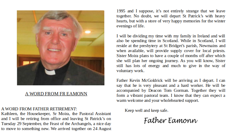 A word from 'retiring' Fr. Sweeney ;)