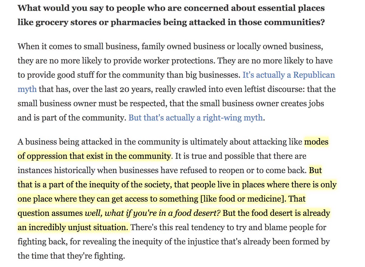 I also don't lecture oppressed communities on how to revolt. But that's separate than formulating pseudo-intellectual arguments that small businesses are really just "modes of oppression", & that we should attack sources of food/medicine because more sources should be available.