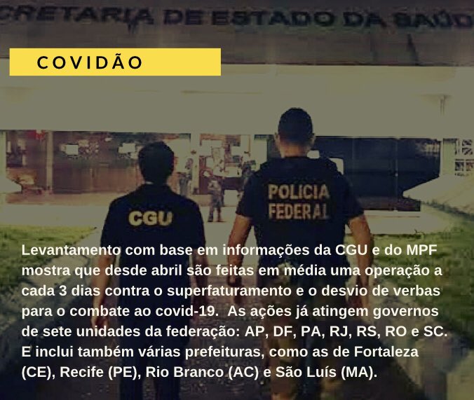 saritacoelho's tweet image. Bolsonaro mandou a CGU investigar a aplicação dos recursos federais para a Saúde e descobriu o nefasto esquema do Covidão, desvio de verbas para o combate ao covid-19 praticado por prefeitos e governadores em diferentes estados. 

Já no governo Federal: #20MesesSemCorrupcao