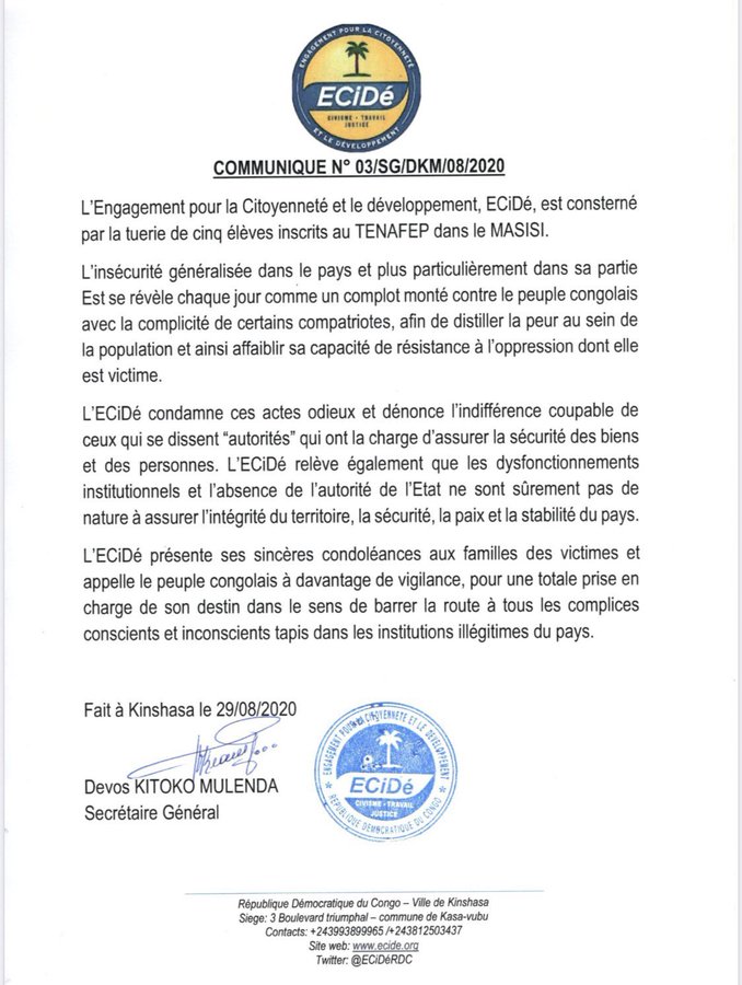 JeunesseECiDe's tweet photo. L'ECiDé est consterné par la tuerie de cinq élèves dans le MASISI et dénonce l'indifférence coupable de ceux qui se disent "autorités". https://t.co/9PocZQwMmZ