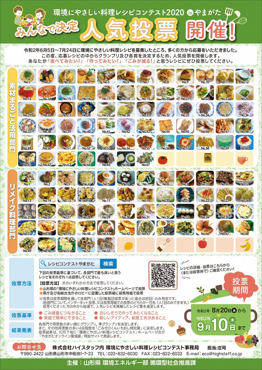 皆さんのイチ押しはどれ 環境にやさしい料理レシピコンテスト 人気投票開催中 今回も ごみ減量につながるユニークな 2020 08 30 山形県のコロナウイルス最新情報 山形県庁 庄内コンシェルジュ