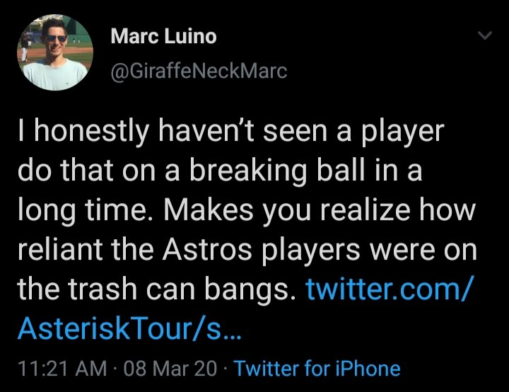 RobHTX78's tweet photo. @GiraffeNeckMarc When former Astros hit after leaving... that's raw skill. But, when they while still wearing the star, they're a cheater?
Ya know what? Nevermind. Just refer to him crushing it as him "wearing his hitting khakis" and we're good #JakeFromRakeFarm
... or on walks #JakeFromTakeFarm https://t.co/OyuxsQJFAY