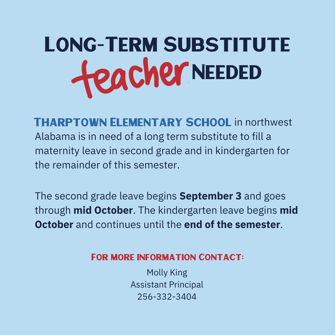 Job openings! Tharptown Elementary School is seeking  long term substitute teachers for Kindergarten and Second grade classrooms! Check out our Job Board for more listings: education.olemiss.edu/jobs/