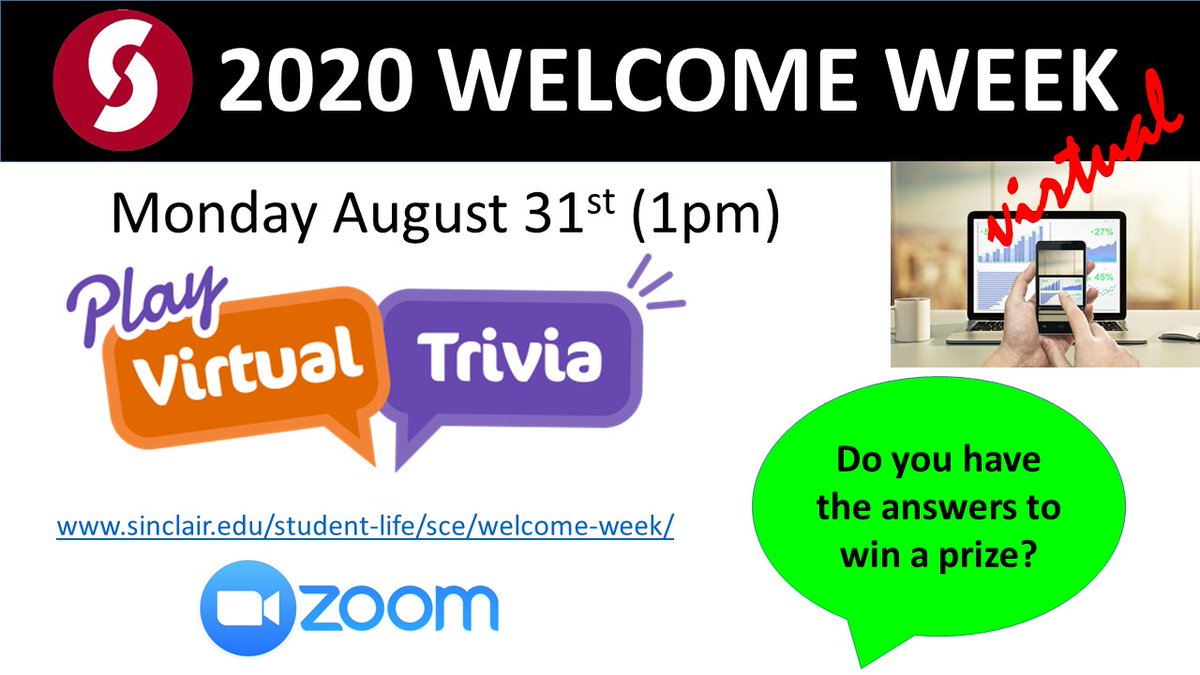 NCAACoachPrice's tweet photo. #GameOn Test your trivia knowledge against other Sinclair students! Trivia categories will include music, movies, technology, sports, history, and more.
#WelcomeWeek2 #SinclairSuccess @SinclairEngage
Zoom Link: https://t.co/AJxBjYpGz4
Zoom Meeting ID: 918 0263 5715 https://t.co/cjuQaOH1US