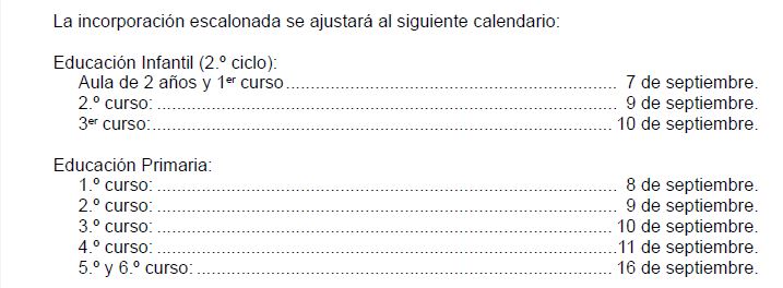 Adjuntamos fechas de inicio de curso 2020-21
