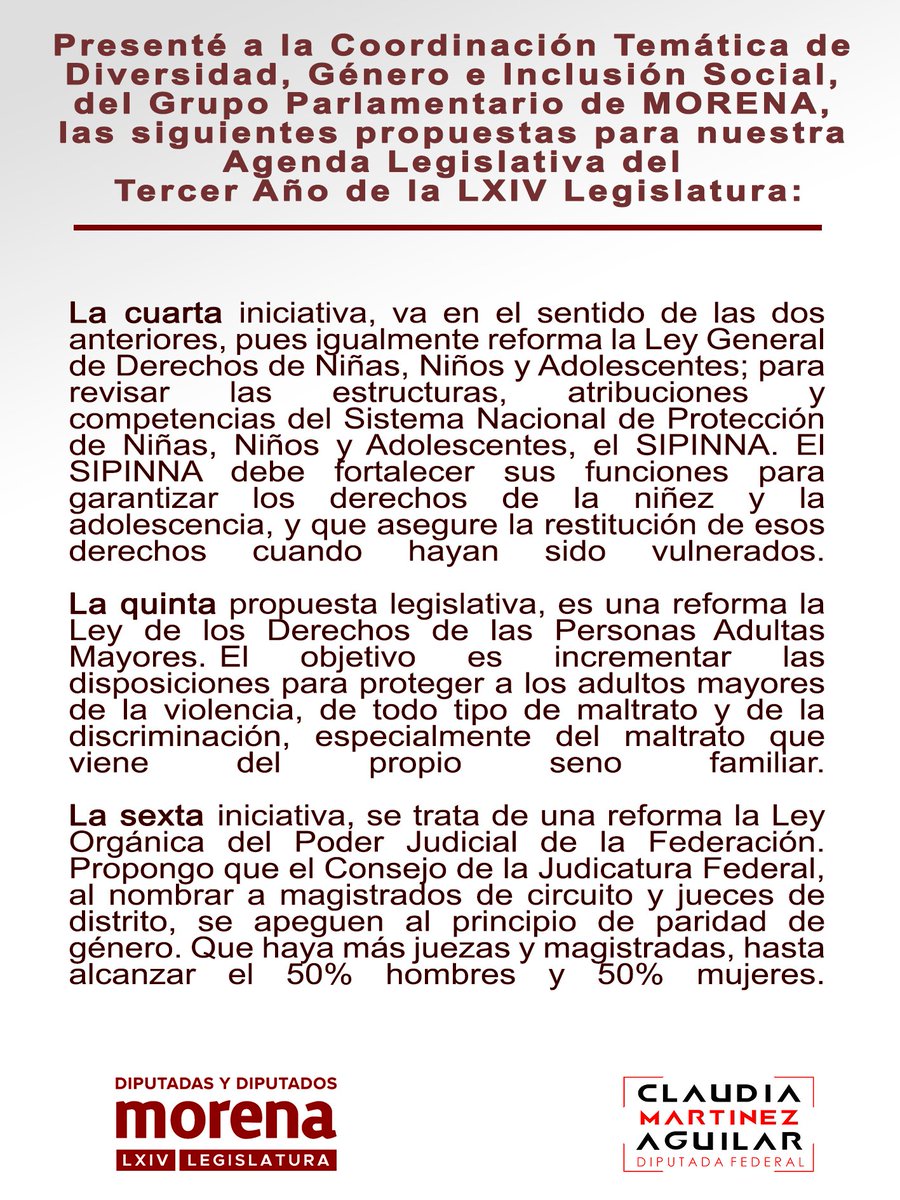 ClaudiaFederal's tweet photo. @DiputadosMorena @CENMorenaMX #MORENA
Presenté a la Coordinación Temática de Diversidad, Género e Inclusión Social, del Grupo Parlamentario de MORENA, las siguientes propuestas para nuestra Agenda Legislativa del Tercer Año de la LXIV Legislatura: https://t.co/jjzXySsUsZ