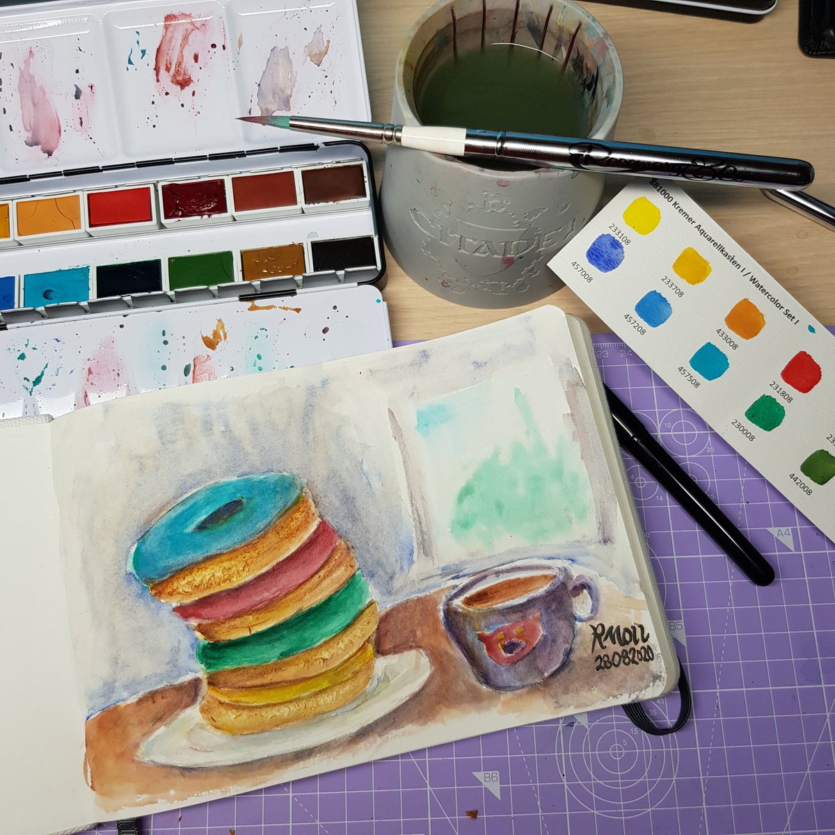 realpaniccoffee's tweet photo. I like donuts. 🍩🍩🍩🍩#rosemarybrushes #kremerpigmente #watercolours #sketch #hobby #etchrlab https://t.co/yDPFc3LRHF