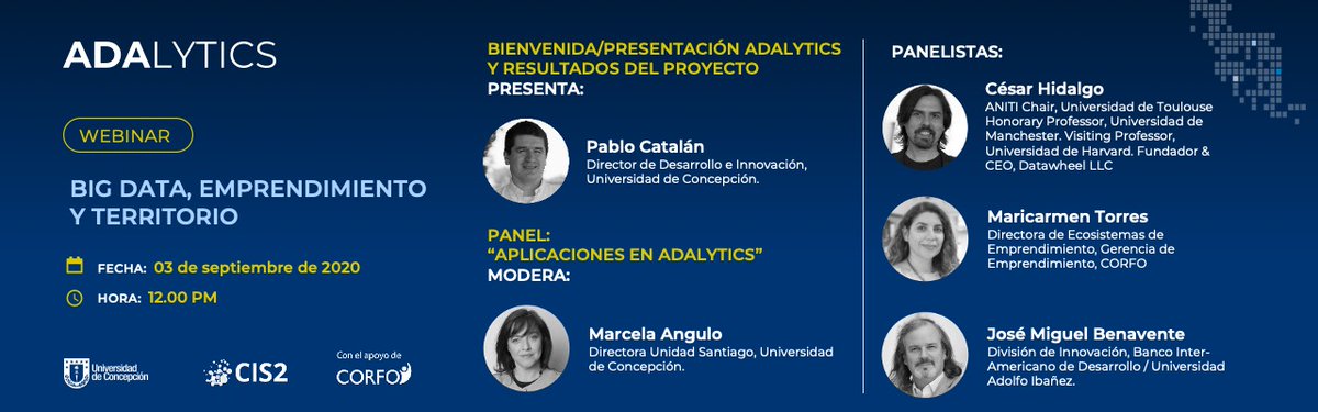Tod@s invitad@s al Webinar “Big Data, Emprendimiento y Territorio”, donde se presentará la plataforma ADALYTICS y se conversará en torno al alcance que tienen este tipo de herramientas para la toma de decisiones en emprendimiento e innovación

Inscripción: bit.ly/2YHjsXG